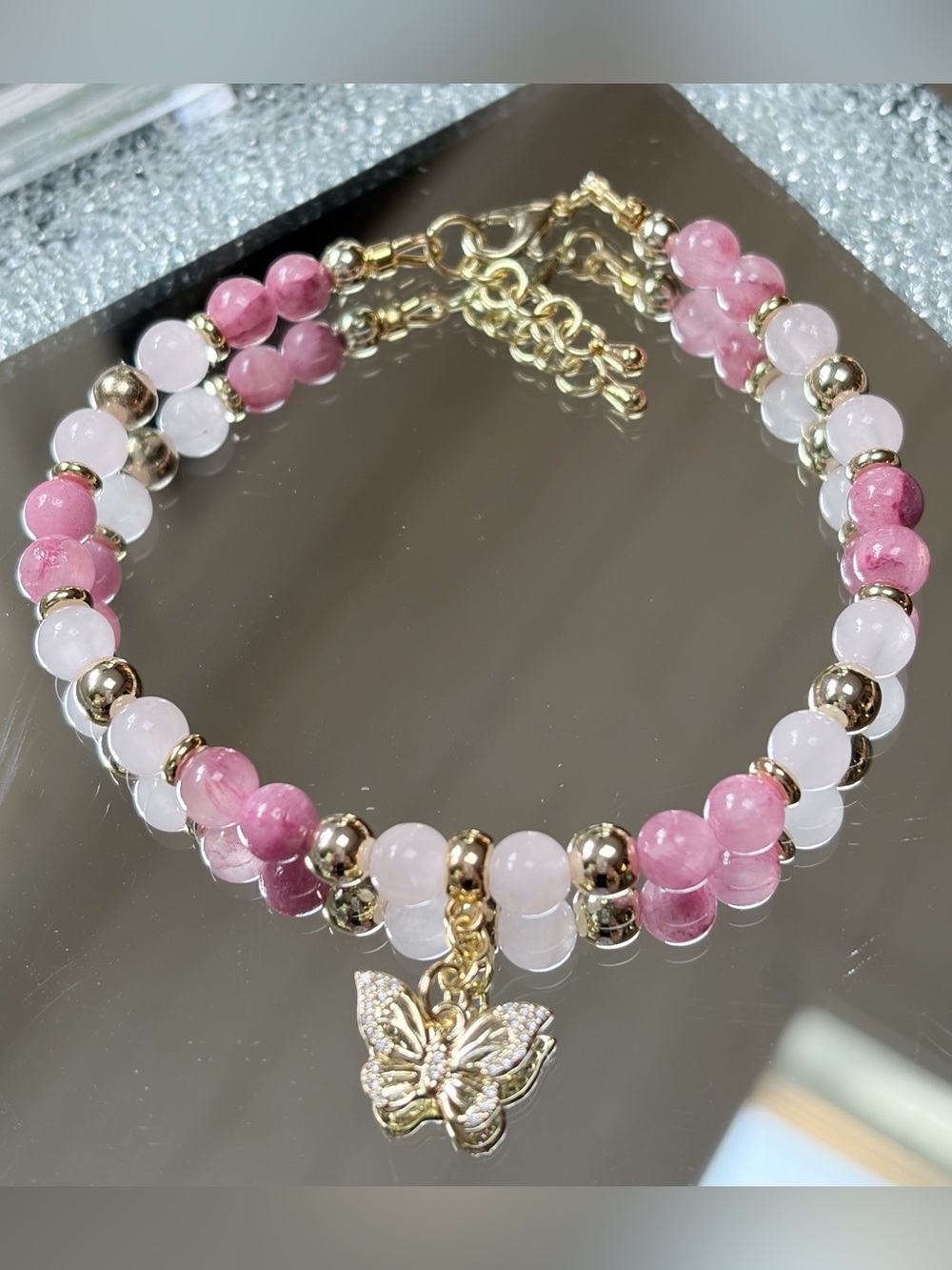 Elegant Bracelet-rose quartz beads,white chalcedony,gold filled butterfly charm